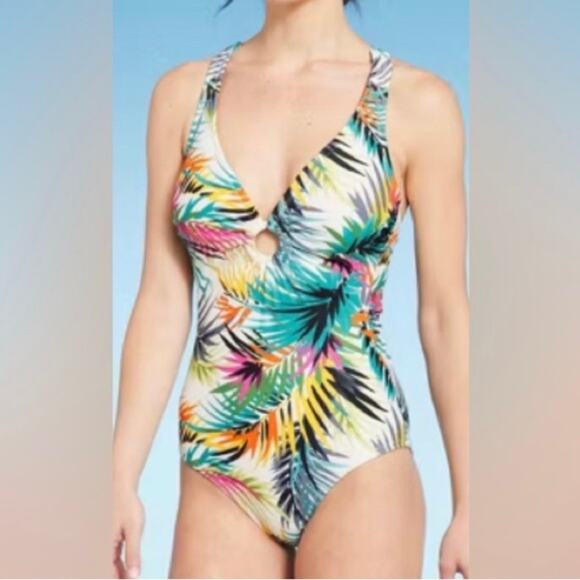 Shade & Shore Tropical Print Swimsuit Plunge Ring Multi Tropical Print Small - Picture 1 of 6